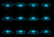 Hud Futuristic Circular Virtual Portals. Virtual Laser Podium Hologram, Glowing Neon Blue Portal Or Game UI Element, Vector Round Teleportation Rings. Sci-Fi Warp Or Digital Data Transfer Concept