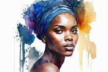 Beautiful African Woman Watercolor Portrait, Ai Generated