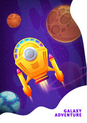 Poster - Cartoon spaceship in starry galaxy. Space landing page for astronomy science project launch or business startup. Vector website background of alien universe space planets, stars and fantasy starship