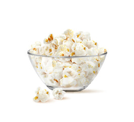 Popcorn flakes in glass bowl. Isolated 3d vector realistic transparent cup full of pop corn snack and seeds scatter around. Tasty food, cinema or movie theater, dessert and fastfood meal