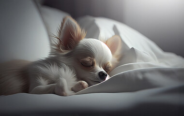 Chihuahua sleeping on the white bed