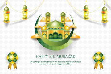 Wall Mural - A poster for a celebration of eid mubarak with a green mosque and text that says happy eid mubarak