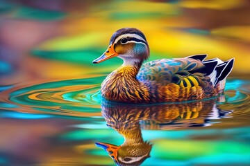 photograph taken with a narrow depth of field, focusing in on a colorful duck swimming in a pond. ge