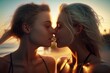 Young blonde lesbian couple kissing at the beach. Generative AI