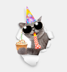 Aufkleber - Happy cat wearing party cap blows in party horn and looks through a hole in white paper and shows cupcake with burning candle