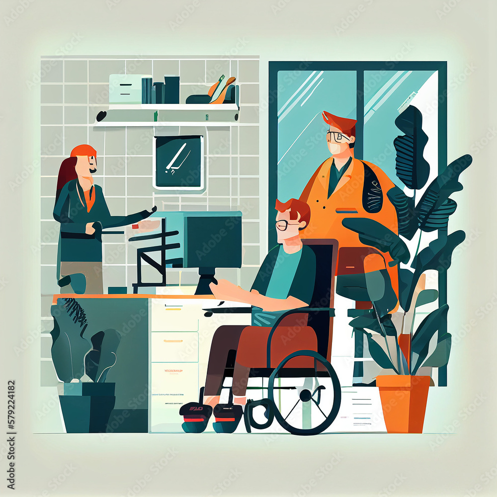 Working Inability Cartoon ภาพประกอบ Stock Disabled People in the Workplace: Flat Cartoon ...