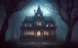 une maison hantée ou manoir sombre de nuit ambiance horreur, lune et mystère