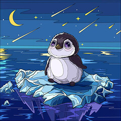 Wall Mural - Illustration of a cute penguin cub at night on the water 