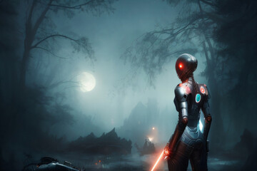 Woman Cyborg Standing in a Creepy Foggy Forest Back Lit by the Moon Sci-Fi Background Generative AI illustration