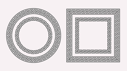 Greek ornament frames set. Circle and square meander patterns collection. Ancient Greek fret borders. Geometric meandros motif. Vector decorations