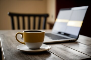 Poster - Capture the essence of a café scene with this image of a laptop resting on a table alongside a cup of coffee, set against a blurred background