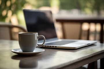 Poster - Capture the essence of a café scene with this image of a laptop resting on a table alongside a cup of coffee, set against a blurred background