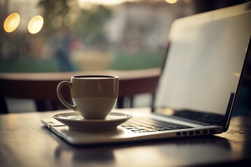 Poster - Capture the essence of a café scene with this image of a laptop resting on a table alongside a cup of coffee, set against a blurred background