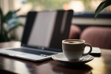 Poster - Capture the essence of a café scene with this image of a laptop resting on a table alongside a cup of coffee, set against a blurred background