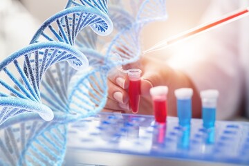Wall Mural - research concept, scientist using microscope with dna molecules symbol