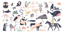 Animals Set With Various Wildlife Mammal Species Collection Tiny Person Concept, Transparent Background. Bundle With Wild Zoo Characters In Nature Jungle Or Safari Illustration.