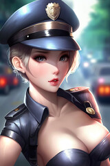 Wall Mural - portrait of sexy anime cop girl with big breasts. manga style. Generative AI