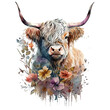 Cute Highland cattle cow watercolor beautiful floral