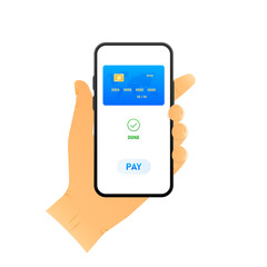Poster - Pay Online with card. Smartphone with online payment on screen. Bring your phone to pay. Web banner. Vector illustration.