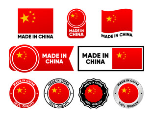 Poster - Made in China label collection. Set of flat isolated stamp made in China. 100 percent quality. Quality assurance concept. Vector illustration.