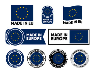 Poster - Made in Europe label collection. Set of flat isolated stamp made in EU. 100 percent quality. Quality assurance concept. Vector illustration.