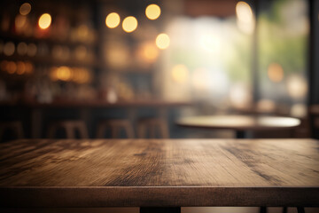 Wall Mural - Wooden table in front of abstract blurred coffee shop background. Created with Generative AI Technology