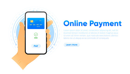 Poster - Pay Online with card. Smartphone with online payment on screen. Bring your phone to pay. Web banner. Vector illustration.
