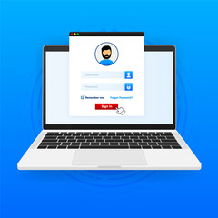 Poster - Laptop with login form and password page form on screen. Account login, user authorization. Username and password. Vector illustration.