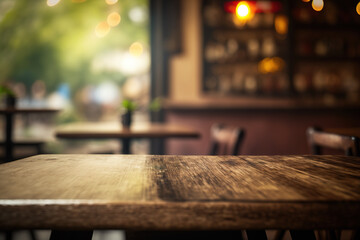 Wall Mural - Wooden table in front of abstract blurred coffee shop background. Created with Generative AI Technology