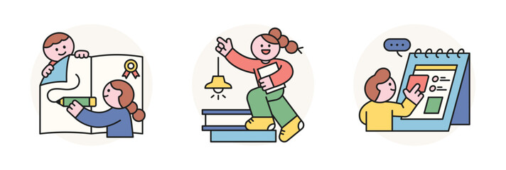 Fototapete - back to school. Students taking notes, studying, and climbing stairs made of books.