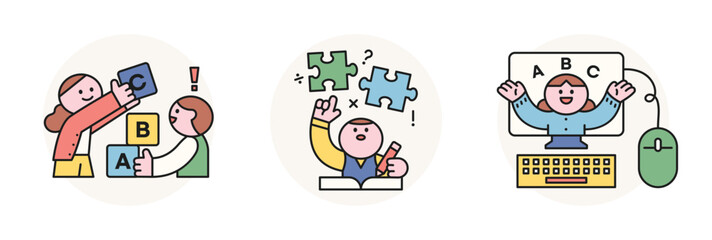 Poster - back to school. students building knowledge and putting together puzzles with friends.
