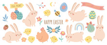 Happy Easter Comic Element Vector Set. Cute Hand Drawn Rabbit, Chicken, Easter Egg, Spring Flowers, Leaf Branch, Insect. Collection Of Doodle Animal And Adorable Design For Decorative, Card, Kids.