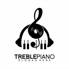 Music logo design. Illustration of combination treble clef with disc as well as piano and headphones.