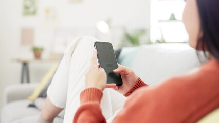 Poster - Hands, phone screen and online shopping for woman on living room sofa with typing, scroll and choice. Smartphone, ecommerce website and girl on lounge couch for digital store, checkout and product