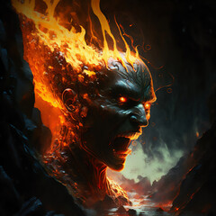 Wall Mural - Fantasy creature in the fiery pits surrounded by lava