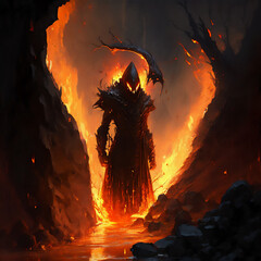 Wall Mural - Fantasy creature in the fiery pits surrounded by lava