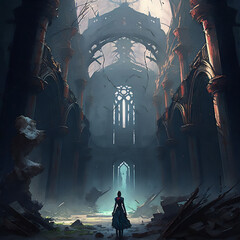 Canvas Print - Fantasy character in a cathedral in the dark
