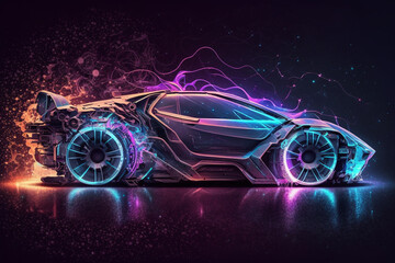 Wall Mural - Abstract artificial intelligence (AI) and futuristic cyberspace car technology concept in HUD style. Racing car infographic UI made with Generative AI