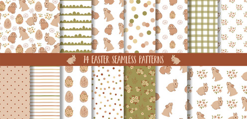 Easter pattern set - rabbit bunny, eggs, flowers. Vector spring seamless background collection. Baby rabbit animals, little floral bouquets in cottagecore style, striped printed, checkered background.