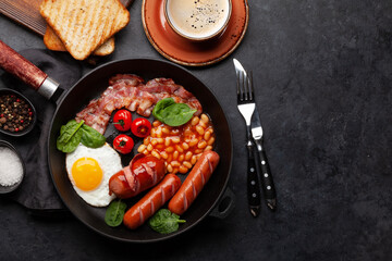 Poster - English breakfast with fried eggs, beans, bacon and sausages