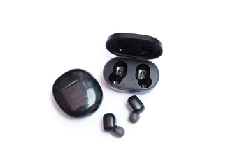 wireless earphone airbuds, black color on isolated white background