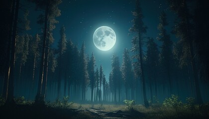 moonlit forest with tall trees digital art illustration, generative ai