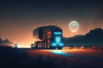 Poster - Futuristic Truck on road with full moon in the background. Generative AI