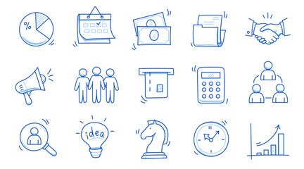 Wall Mural - Doodle business icon set. Doodle business, finance, office teamwork concept. Calendar, calculator, chart element. Hand drawn sketch style vector illustration