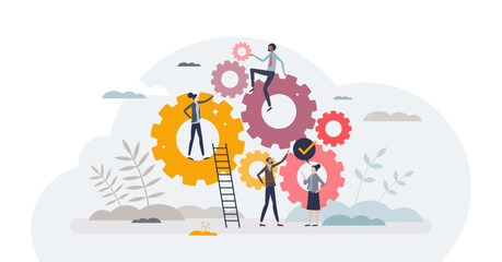 Workforce development and teamwork collaboration process tiny person concept, transparent background. Team interaction for successful and effective work illustration.