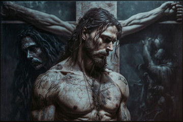 Jesus Christ with Crown of Thorns. Easter, Crucification or Resurrection concept. He is Risen. Religious. easter and good friday. Savior of mankind