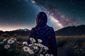 muslim woman in flower garden with beautiful sky, generative ai