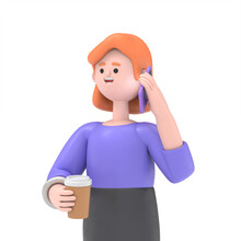 3D Illustration Of Smiling European Businesswoman Ellen Hold Coffe And Talking Smartphone.3D Rendering On White Background.
