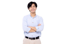 Attractive Young Smart Asian Man Crossing Arms Isolated On Transparent Background. PNG File Format.