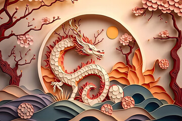 Generative AI abstract design chinese new year cute dragon with spring colors, surreal fantasy, peach flower., generative AI